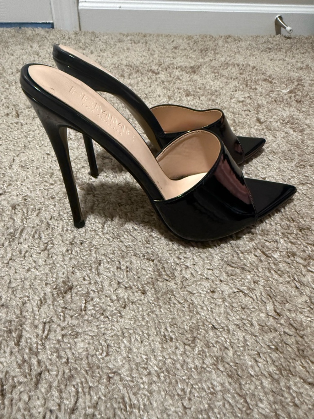 La Femme Black Patent Pointed-Toe Stiletto Mules